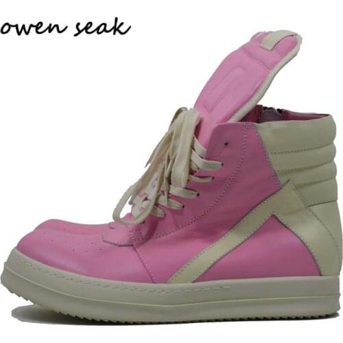 Owen Seak Women Motorcycle Leather Men High-TOP Luxury Mid-Calf Winter Riding Boots Lace Up Casual Brand Zip Flats Pink Shoes