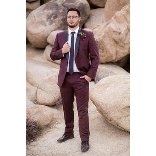 Jacket+Pants)Handsome Man Wine Red Business 2 Piece Groom Tuexdos For Wedding Formal Prom Suit Party Evening Blazer Custom Made