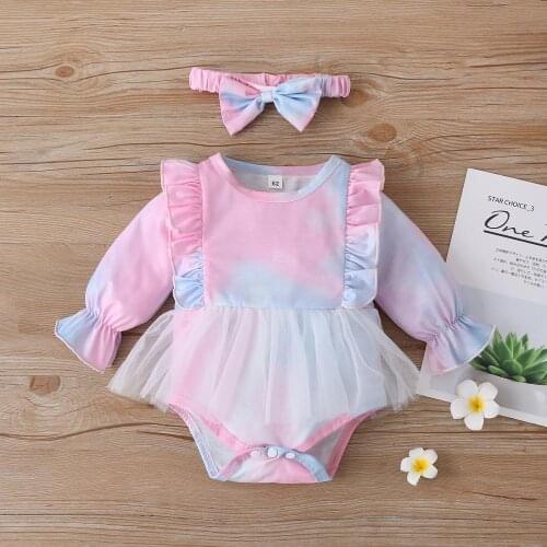 Newborn Baby Girls Summer Clothes Lovely Princess Tie-dyed Mesh Splicing Long Sleeved Rompers Bodysuits Headband Infant Outfits