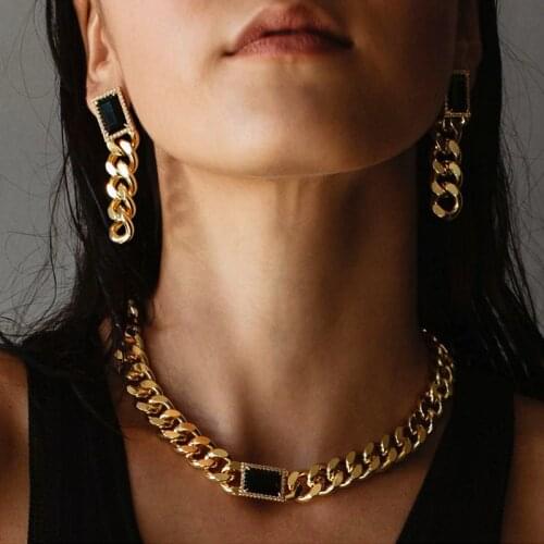 HUANZHI 2020 New Stainless Steel Gold Metal Chunky Chain Choker Necklace Geometry Square Black Stone for Women Girls Jewelry