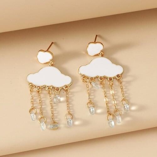 Cute White Cloud Shaped Earrings for Women Zircon Rhinestone Tassel Chain Hanging Pendant Earrings Elegant Female Jewelry Gift