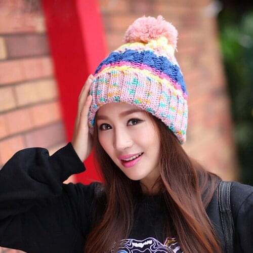 Trendy Women Girls Winter Hat Knitting Wool Ball Warm Hat Female Crochet Snapback Cap Ear Protection Beanie Caps Hats