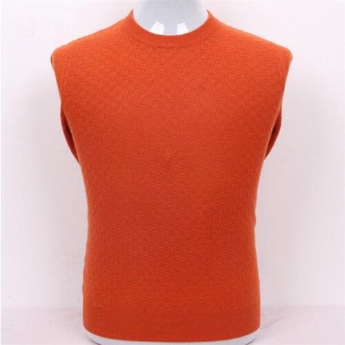 Pure goat cashmere dark plaid knit men fashion o-neck pullover sweater orange yellow 3color S/3XL