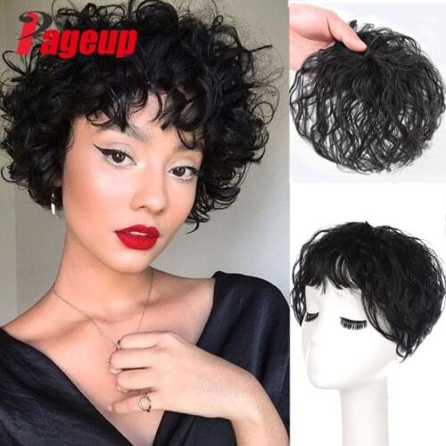 PAGEUP Women Top Hair Topper Wigs Clip In Synthetic Hair Extensions Black Brown Hairpieces With Curly Bangs