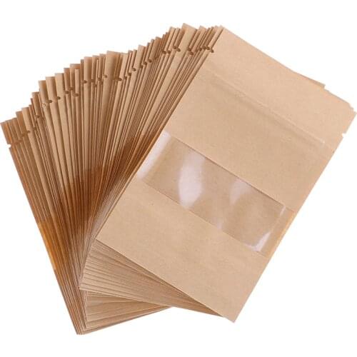 50pcs Zipper Grip Seal Packaging Brown Stand Up Kraft Paper Zip Lock Bags With Clear Window,Reclosable Doypack Pouches
