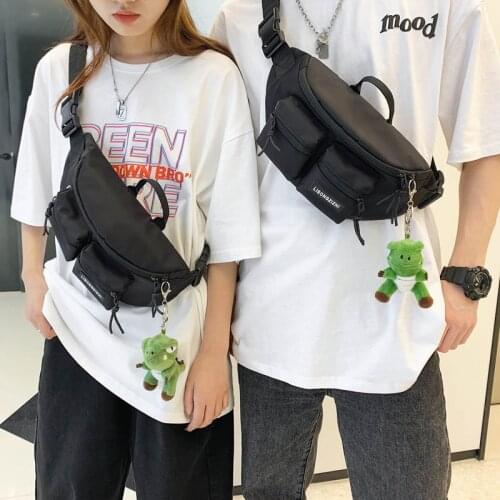 Casual Black Waist Bag Men Street Style Chest Bag Travel Large Capacity Crossbody Bags Cartoon Pendant Unisex Hip Fanny Pack