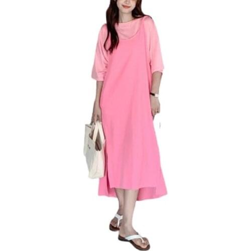 PERHAPS U Girls Causal Two Piece Set O-Neck Long Tee T-Shirt Loose Spaghetti Strap Camisole Backless Bandage Long Dress D3070