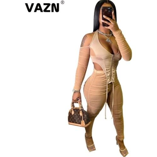 VAZN 2020 O-neck Mesh Fabric See Through Fashion Elegant Sexy High Street Set Holiday Women Young Energetic Set