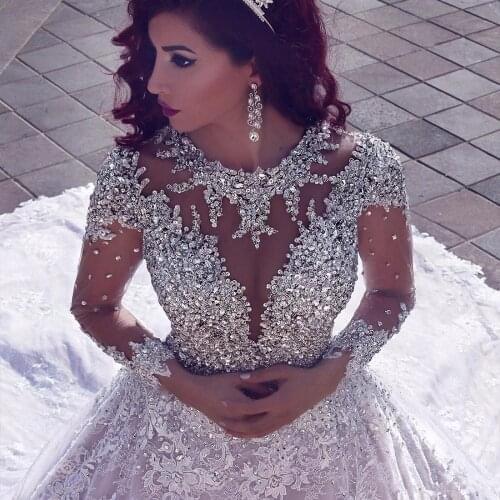 GY Luxury Beading Long Sleeve Muslim Wedding Gowns With Long Train Sequined Lace Wedding Dresses Robe De Mariage Dress