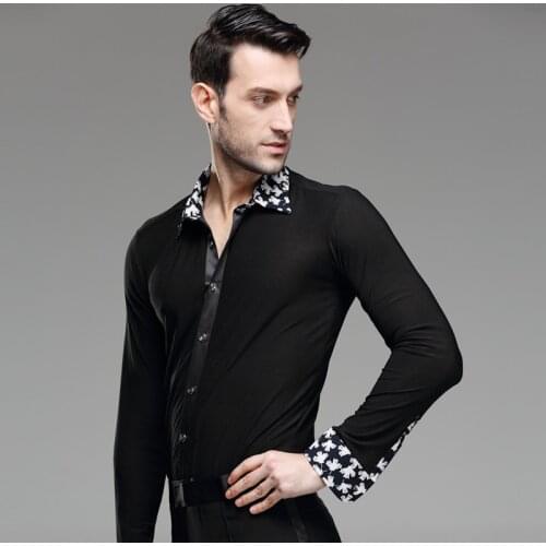 New Mens Dance Shirt Print Collar Standard Competition Performance Ballroom Modern Salsa Tango Samba Male Latin Tops Dancewear