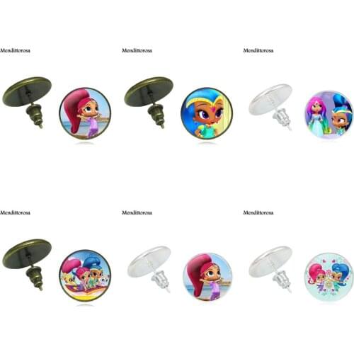 Mendittorosa Glass Cabochon Bronze/Silver/Golden Clip Ear Hook Stud Earrings For Women Kids Gift Shimmer And Shine