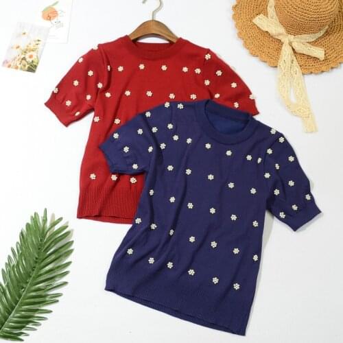 Summer Thin Slim Knitted Top Women Round Neck Beaded Casual Short Sleeve Korean Style T-shirt Female Solid Color Harajuku Tee