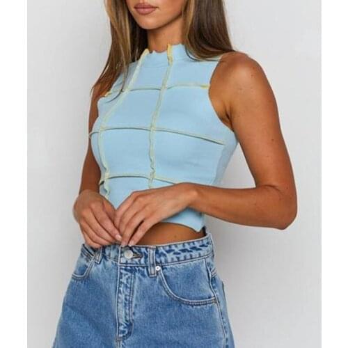 Womens Crew Neck Tank Tops Summer Sleeveless Color Block Patchwork Stitch Crop Tops