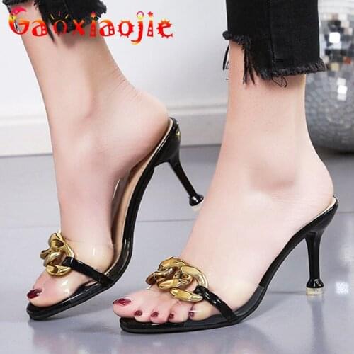Sexy PVC Transparent Women Slippers 2021 Summer Overstate Chain Decorate Temperament High Heel Shoes 8CM Party Fashion Sandals