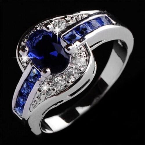 Women Wedding Rings Fashion Jewelry Blue Crystal Silver Alloy Rings Lady Accessories For Engagement Party Spring Summer