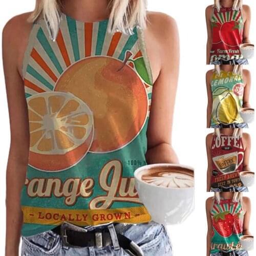 Summer Vest Women Fashion Fruit Print O Neck Sleeveless Slim Vest Tee Shirt Camisole Sleeveless Slim Women Camisole 2021 Fashion