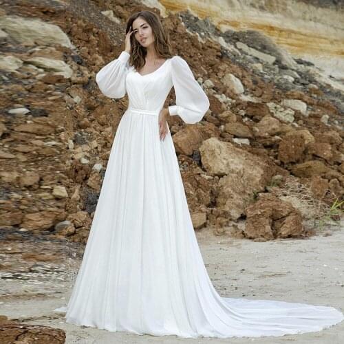 Simple Arabic Long Sleeve Wedding Dress Muslim V Neck A Line Chiffon Wedding Gown Bride Vestido De Noiva