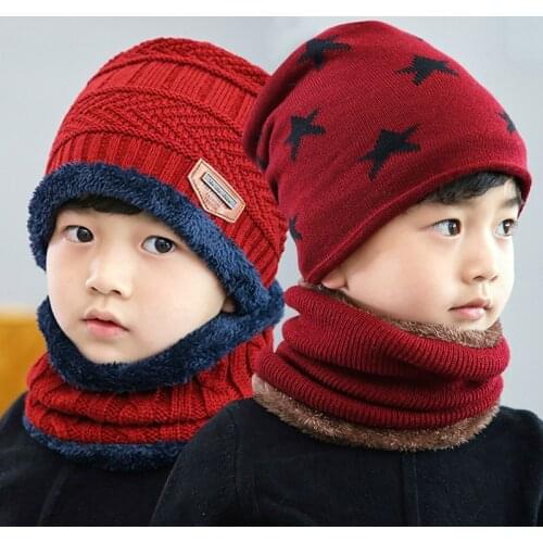 2Pcs/Set Knitted Baby Hats Scarf Set Beanie Cotton Warm Fur Caps Hat For Childern Girls Boys Beanies Winter Outdoor Ski Hat