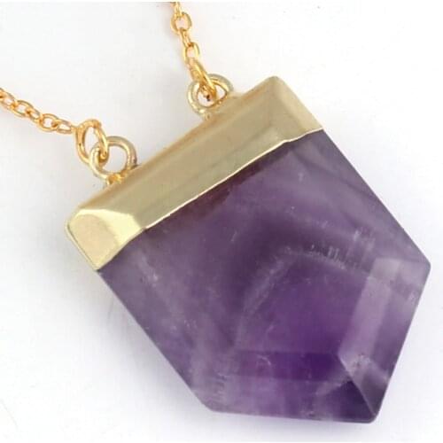 100-Unique 1 Pcs Natural Purple Amethysts Stone Royal Shield Double Hook Pendant Charms Point Healing Chakra Amulet Jewelry