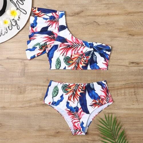 2021 Sexy Biquini Floral Print Swimwear Women Swimsuit High Waist Ruffled Bikini Set One Shoulder Bathing Suit Women Beachwear