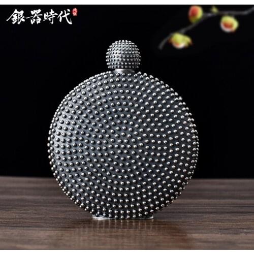 Ag999 Sterling Silver Round Bead Portable Militray Kettle Vintage Marching Mini Wine Pot