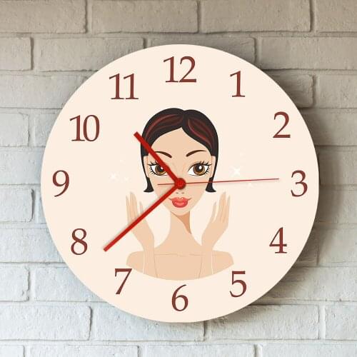 Acrylic Rounded Wall Clock Watch Beautiful Young Woman with Flawless Skin for Beauty Salon Spa Skincare Decor Hanging Clocks