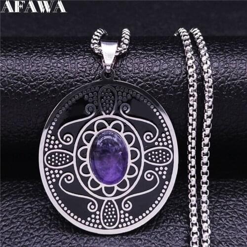 Bohemia Flower Oval Purple Crystal Stainless Steel Statement Necklace Women Black Silver Boho Jewelry colier femme N3611S01