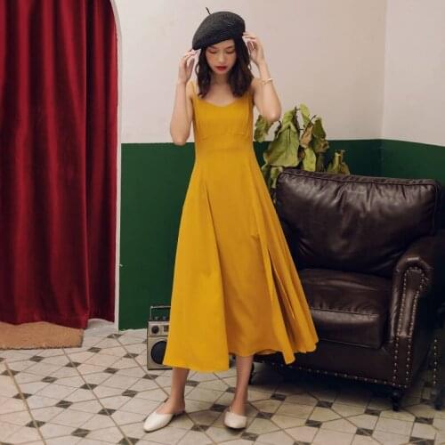 Long Yellow Women Slip Dress Summer 2020 Runway Elegant Party Split Dress Backless Tropical Beach Vacation Sun Dress Korean