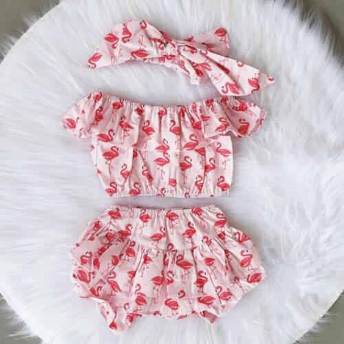 3 Pcs Toddler Baby Girl Clothes Flamingo Sunflower Print Set Ruffle Crop Tops Tutu Shorts Headband Summer Set 1-6 Y