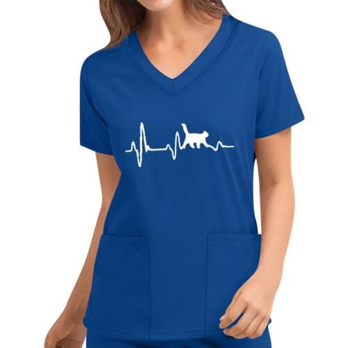 Short Sleeve V-Neck Tshirt Clothes Pocket Carer Top Summer Womens Working Uniform 3Xl Plus Size Female Cute Cat Print