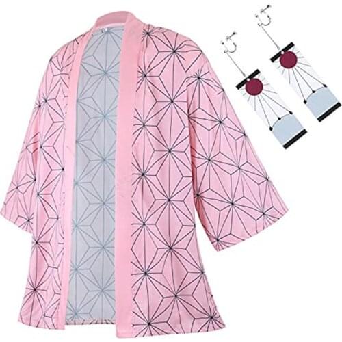 Demon Slayer Kamado Nezuko Cosplay Costume Kimetsu No Yaiba Kimono Anime 3D Printing Tops Earring Set Cloaks Haori Halloween
