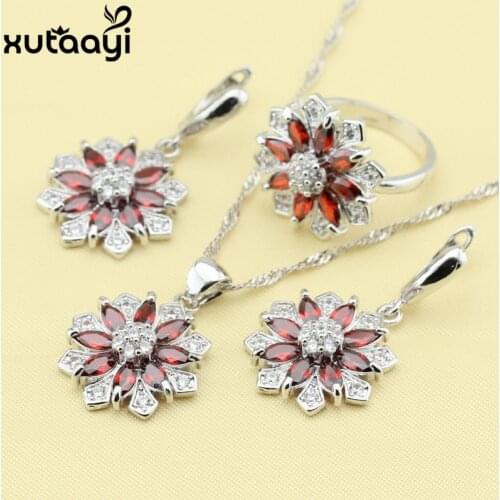 Fashion Women Wonderful Jewelry Sets Silver colorFlower Created Red Garnet And Created WhiteTopaz Earring Ring Necklace Pendant