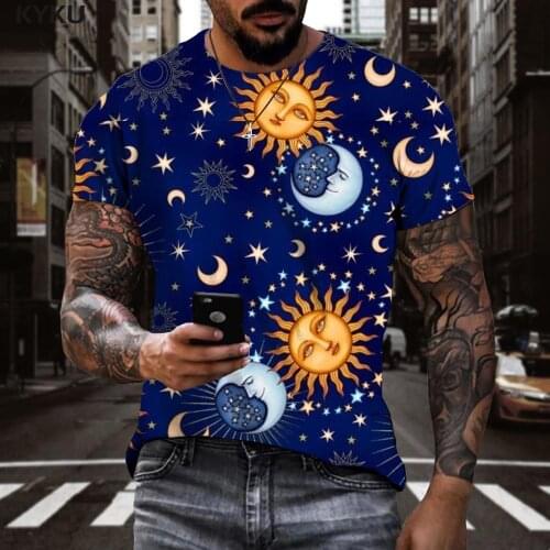 KYKU Hippie T shirt Men Sun T-shirts 3d Moon Tshirt Printed Star Tshirts Casual Short Sleeve T shirts Casual Tops Streetwear