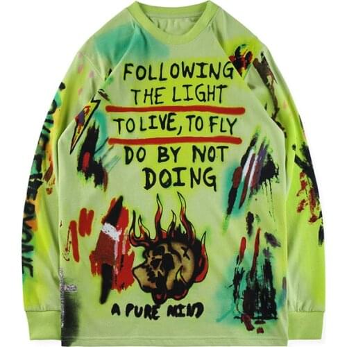 Harajuku Hip Hop Mens Retro T Shirts Graffiti Skull Hand-painted Bird Print Long Sleeve Tees Streetwear Off White Tops Men