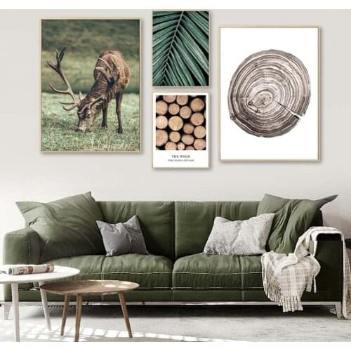 Nordic Deer Wood Annual Ring Wall Art Poster Green Plant Leaves Canvas Painting Modern Minimalist Living Room Home Decoration