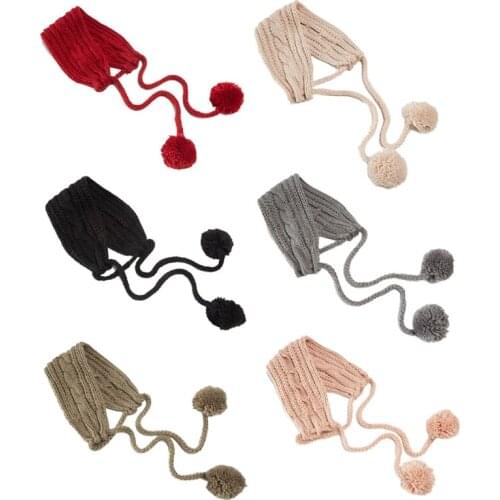 Women Men Winter Cable Knitted Earmuffs Headband Solid Color Pompom Chin Strap Chunky Crochet Thermal 2 In 1 Scarf Earflap Ear W