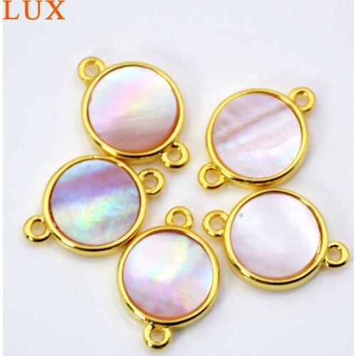 Round pink shell connector mother of pearl charms gold bezel setting finding for bracelet making natural shell jewelry