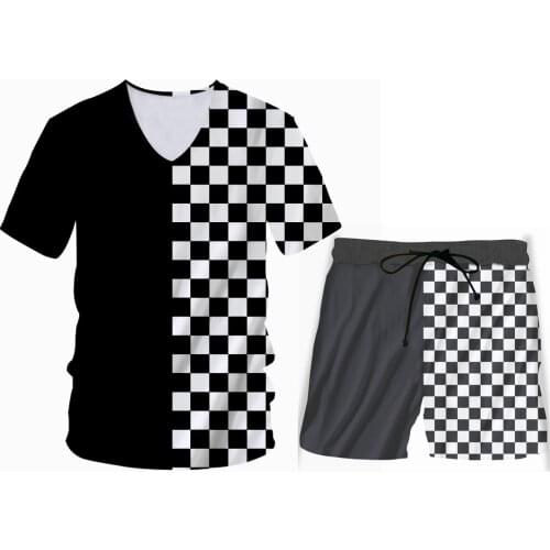 Plus Size S-6XL Summer Mens Sets Black White Plaid 3D Print T-Shirt+Shorts Set Mesh Tracksuit Outfits Customize Unisex Clothes