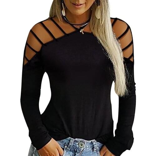Sexy Women Solid Color Hollow Out Off Shoulder Long Sleeve T-Shirt Loose Top