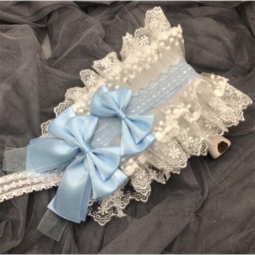 Blue Lolita Double Bow Headband Maid Cosplay Headdress Hair Band Lace Trim Women Headwear B1803