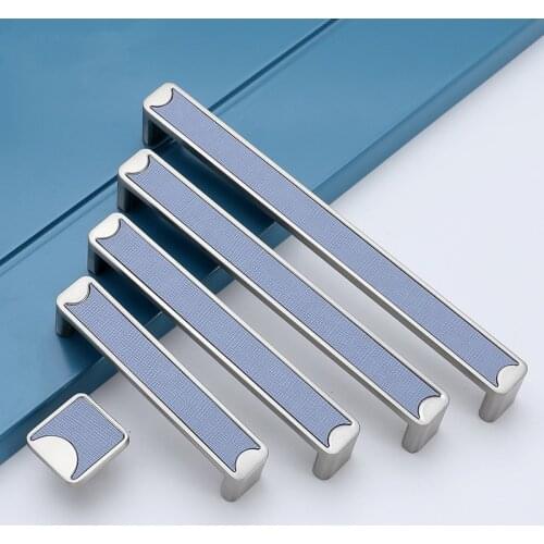 Light Luxury Blue Leather + Zinc Alloy Kitchen Cabinet Handles for Furniture Modern Drawer Pulls Solid Cabinet Knobs Hardware