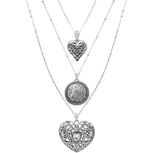 Vintage Silver Color Chain 2 Size Love Heart with Pattern Round Disk Pendant Layered Necklace Wedding Jewelry Wholesale