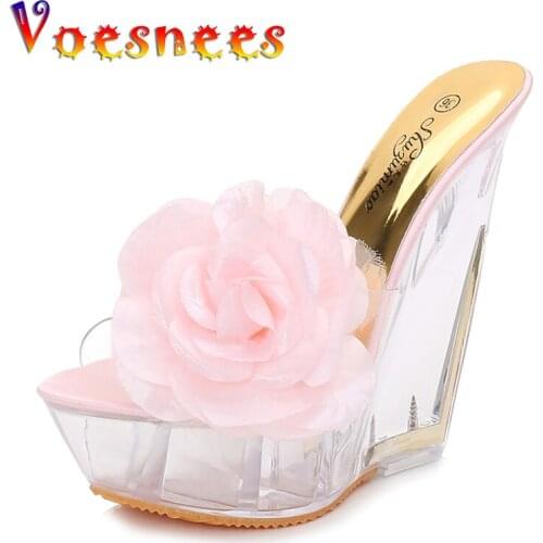 Voesnees Summer Womens Beach Shoes Thick Bottom Slippers Wedge High Heel Flower Transparent Shaped Heel Crystal Ladies Shoes