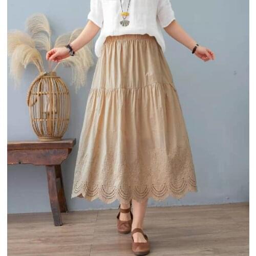Literary Retro Embroidered Hollow out Cotton Double-layer Skirt Elastic Waist Loose Women Solid Color Skirt