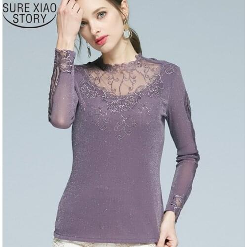 New Spring Autumn Half High Collar Lace Bottom Shirts Women Long Sleeve Hollow Solid Women Blouses and Tops Plus Size 6637 50