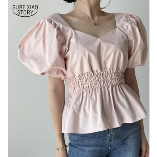 2021 Puff Sleeve V-neck Short Sleeve Lady Shirt Summer Elegant Comfort Women Blouse Elastic Smock Solid Female Tops Blusas 15877