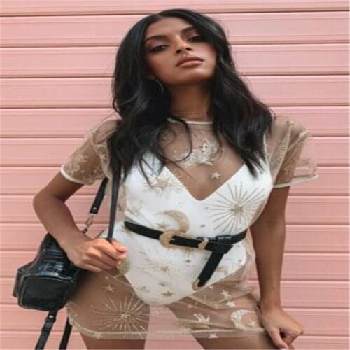 Women Summer Bikini Cover Up Beachdress Loose Star Moon Print Hollow Mesh See Through Short Sleeve Mini Dress Plus Size Swimwear