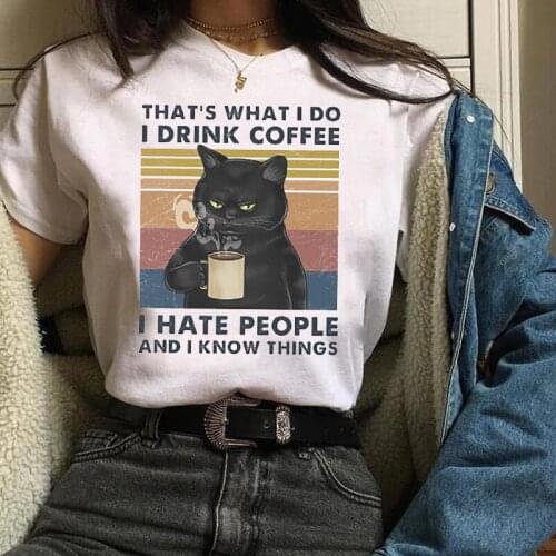 Women Clothes Lady Graphic Cat Cartoon 90s Trend Funny Coffee Summer Fall Halloween Tees Tops Female T Shirt Womens T-Shirt