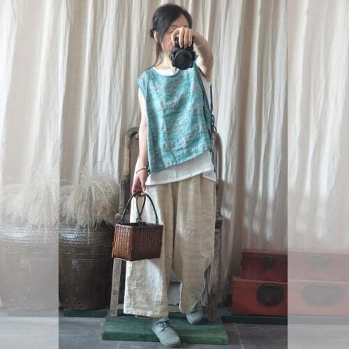 Women Summer Ramie lyocell Vests Ladies Retro Print Irregular String Waistcoat Tanks Female Sleeveless Tops 2018