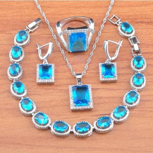Newst Classic Square Silver Color Wedding Jewelry Sets For Women Sky Blue Crystal Earrings Ring Pendant Bracelet JS0727